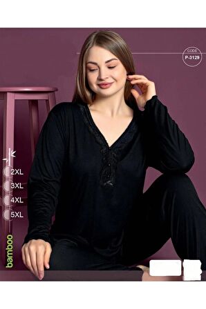 Sude Kadın Bambu Büyük Beden Yakası Nakışlı V Yaka İnce Pijama Takımı P3129 - 1 Adet