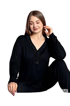 Sude Kadın Bambu Büyük Beden Yakası Nakışlı V Yaka İnce Pijama Takımı P3129 - 1 Adet