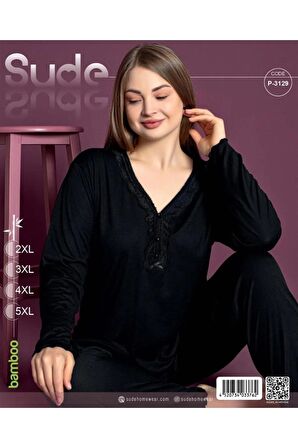 Sude Kadın Bambu Büyük Beden Yakası Nakışlı V Yaka İnce Pijama Takımı P3129 - 1 Adet