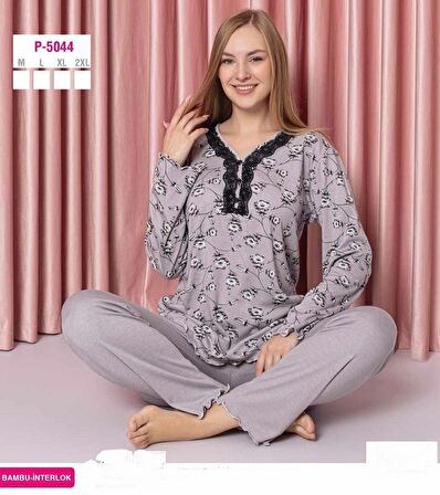 Sude Kadın Bambu İnterlok Uzun Kol Yakası Nakışlı V Yaka Pijama Takımı P5044 - 1 Adet