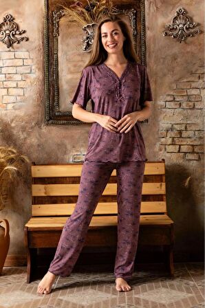 Sude Kadın Bambu Yakası Nakışlı V Yaka Kısa Kol İnce Pijama Takımı P/4398 - 1 Adet
