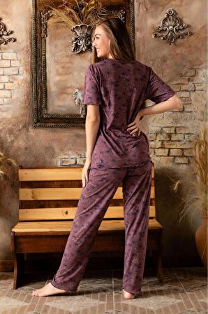 Sude Kadın Bambu Yakası Nakışlı V Yaka Kısa Kol İnce Pijama Takımı P/4398 - 1 Adet