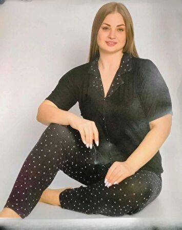 Pijamoni Kadın Viskon Büyük Beden Kısa Kol Boydan Düğmeli İnce Pijama Takımı 7550/3 - 1 Adet