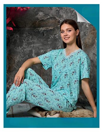 Sude Kadın Bambu Yakası Nakışlı V Yaka Kısa Kol İnce Pijama Takımı P300/312 - 1 Adet