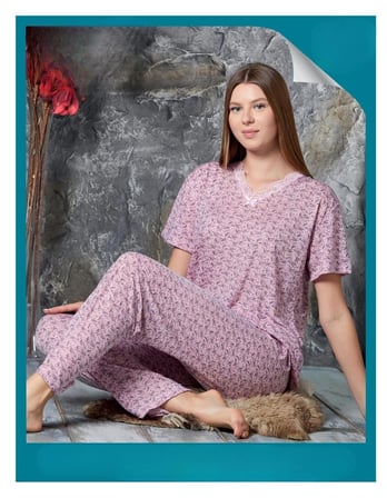 Sude Kadın Bambu Yakası Nakışlı V Yaka Kısa Kol Pijama Takımı P300/523 - 1 Adet