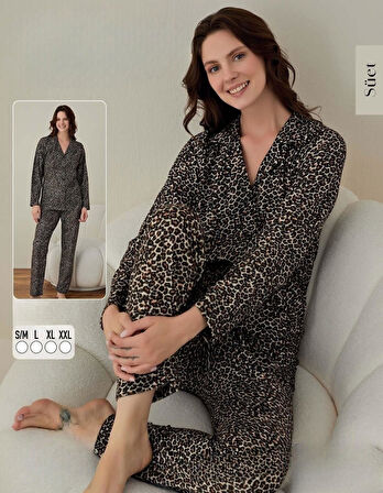 Boyraz Kadın Süet Leopar Desenli Boydan Düğmeli Pijama Takımı 02006 - 1 Adet