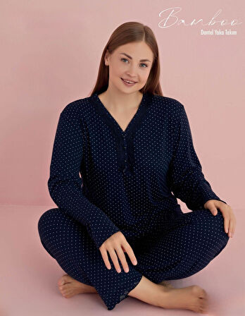 Pijamerry Kadın Büyük Beden Dantel Yaka Bambu Uzun Kol Pijama Takımı 5075 - 1 Adet