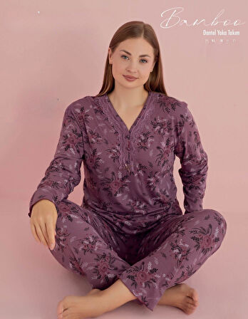 Pijamerry Kadın Büyük Beden Dantel Yaka Bambu Uzun Kol Pijama Takımı 5072 - 1 Adet