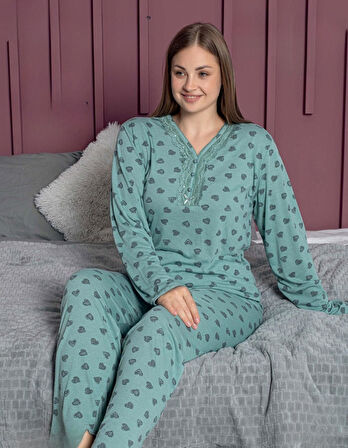 Pijamerry Kadın Büyük Beden Dantel Yaka Bambu Uzun Kol Pijama Takımı 5161 - 1 Adet