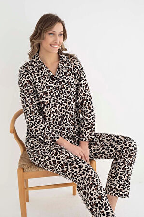 Senfoni Kadın Gömlek Yaka Uzun Kol Leopar Desenli Pamuklu Pijama Takımı 6007 -1 Adet