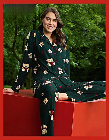 Pijamoni Kadın Süet Önden Düğmeli Likralı Pijama Takımı 9 - 1 Adet