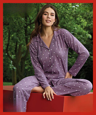 Pijamoni Kadın Süet Önden Düğmeli Likralı Pijama Takımı 18 - 1 Adet