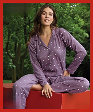 Pijamoni Kadın Süet Önden Düğmeli Likralı Pijama Takımı 18 - 1 Adet