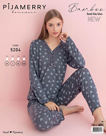Pijamerry Kadın Dantel Yaka Bambu Uzun Kol Pijama Takımı 5204 - 1 Adet
