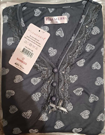 Pijamerry Kadın Dantel Yaka Bambu Uzun Kol Pijama Takımı 5204 - 1 Adet