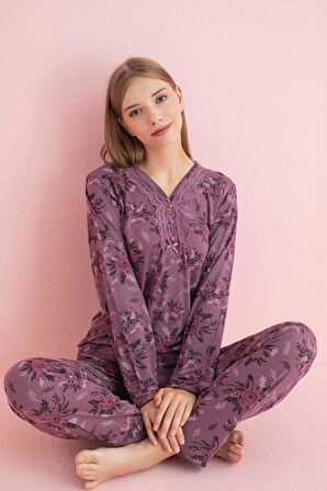Pijamerry Kadın Dantel Yaka Bambu Uzun Kol Pijama Takımı 5205 - 1 Adet