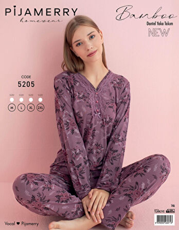 Pijamerry Kadın Dantel Yaka Bambu Uzun Kol Pijama Takımı 5205 - 1 Adet