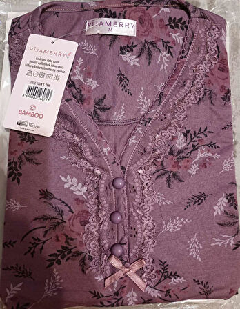 Pijamerry Kadın Dantel Yaka Bambu Uzun Kol Pijama Takımı 5205 - 1 Adet