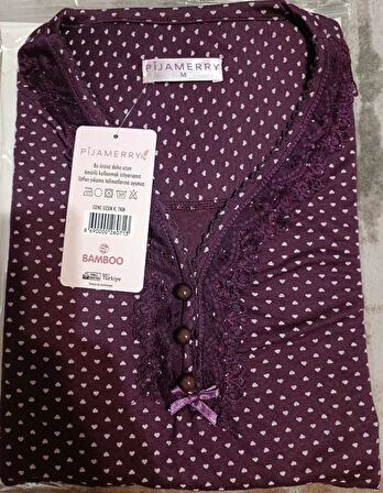 Pijamerry Kadın Dantel Yaka Bambu Uzun Kol Pijama Takımı 5207 - 1 Adet