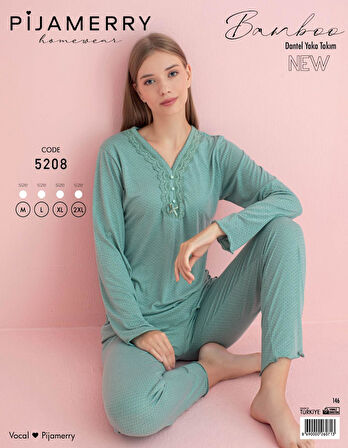 Pijamerry Kadın Dantel Yaka Bambu Uzun Kol Pijama Takımı 5208 - 1 Adet