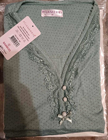Pijamerry Kadın Dantel Yaka Bambu Uzun Kol Pijama Takımı 5208 - 1 Adet