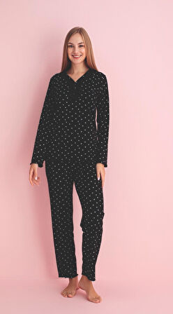 Pijamerry Kadın Dantel Yaka Bambu Uzun Kol Pijama Takımı 5211 - 1 Adet