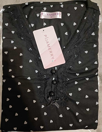 Pijamerry Kadın Dantel Yaka Bambu Uzun Kol Pijama Takımı 5211 - 1 Adet