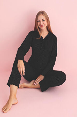 Pijamerry Kadın Dantel Yaka Bambu Uzun Kol Pijama Takımı 5212 - 1 Adet