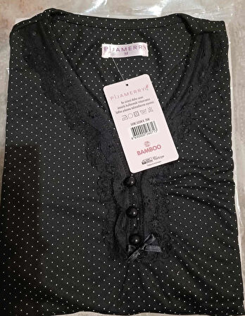 Pijamerry Kadın Dantel Yaka Bambu Uzun Kol Pijama Takımı 5212 - 1 Adet