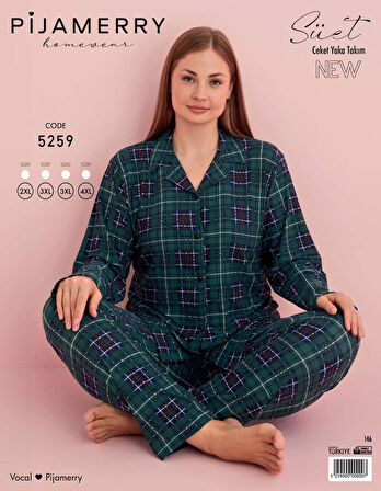 Pijamerry Kadın Büyük Beden Gömlek Yaka Süet Uzun Kol Pijama Takımı 5259- 1 Adet