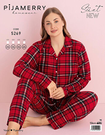Pijamerry Kadın Büyük Beden Gömlek Yaka Süet Uzun Kol Pijama Takımı 5269- 1 Adet