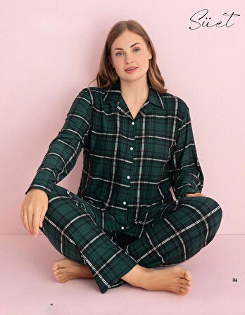 Pijamerry Kadın Büyük Beden Gömlek Yaka Süet Uzun Kol Pijama Takımı 5271- 1 Adet