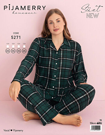 Pijamerry Kadın Büyük Beden Gömlek Yaka Süet Uzun Kol Pijama Takımı 5271- 1 Adet