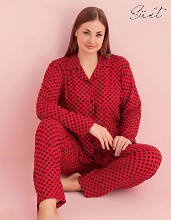 Pijamerry Kadın Büyük Beden Gömlek Yaka Süet Uzun Kol Pijama Takımı 5267- 1 Adet