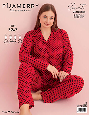 Pijamerry Kadın Büyük Beden Gömlek Yaka Süet Uzun Kol Pijama Takımı 5267- 1 Adet