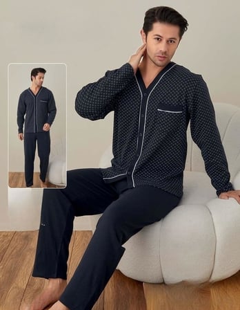 Lindros Erkek Gömlek Yaka İnterlok Uzun Kol Pijama Takımı 00148 - 1 Adet