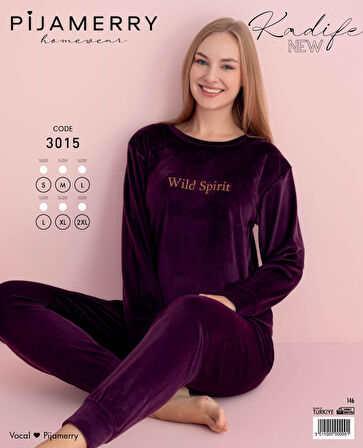 Pijamerry Kadın Kışlık Bisiklet Yaka Kadife Pijama Takımı 3015M - 1 Adet