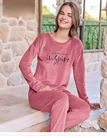 Pijamoni Kadın Kışlık Bisiklet Yaka Likralı Kadife Pijama Takımı 4200/10 - 1 Adet
