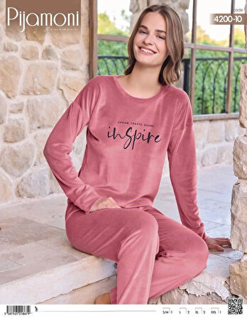 Pijamoni Kadın Kışlık Bisiklet Yaka Likralı Kadife Pijama Takımı 4200/10 - 1 Adet