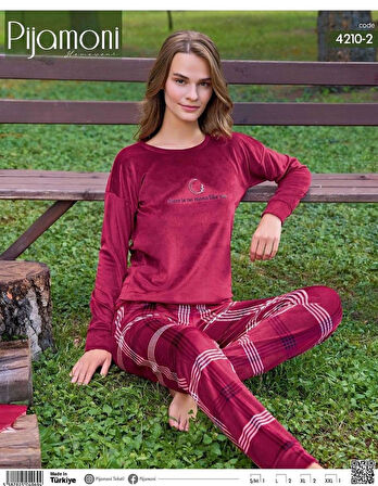 Pijamoni Kadın Kışlık Bisiklet Yaka Likralı Kadife Pijama Takımı 4210/2- 1 Adet