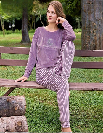 Pijamoni Kadın Kışlık Bisiklet Yaka Likralı Kadife Pijama Takımı 4210/6- 1 Adet