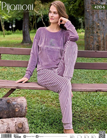 Pijamoni Kadın Kışlık Bisiklet Yaka Likralı Kadife Pijama Takımı 4210/6- 1 Adet