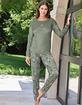 Pijamoni Kadın Kışlık Bisiklet Yaka Likralı Kadife Pijama Takımı 4210/16- 1 Adet