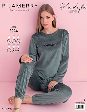 Pijamerry Kadın Kışlık Bisiklet Yaka Kadife Pijama Takımı 3036Y - 1 Adet