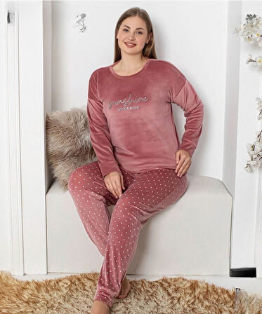 Pijamoni Kadın Kadife Büyük Beden Bisiklet Yaka Uzun Kol Pijama Takımı 4230/2- 1 Adet