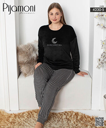 Pijamoni Kadın Kadife Büyük Beden Bisiklet Yaka Uzun Kol Pijama Takımı 4230/5- 1 Adet