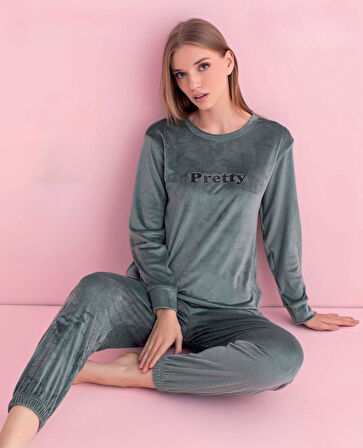 Pijamerry Kadın Kışlık Bisiklet Yaka Kadife Pijama Takımı 3035SY - 1 Adet