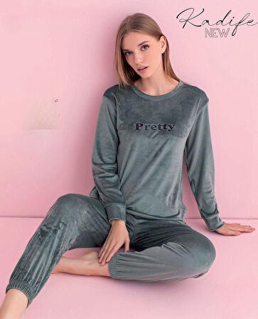 Pijamerry Kadın Kışlık Bisiklet Yaka Kadife Pijama Takımı 3035SY - 1 Adet