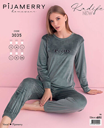 Pijamerry Kadın Kışlık Bisiklet Yaka Kadife Pijama Takımı 3035SY - 1 Adet