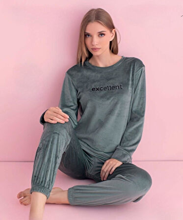 Pijamerry Kadın Kışlık Bisiklet Yaka Kadife Pijama Takımı 3036SY - 1 Adet